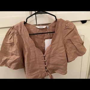 & other stories Linen puff sleeve crop top size 4 Tan NWT